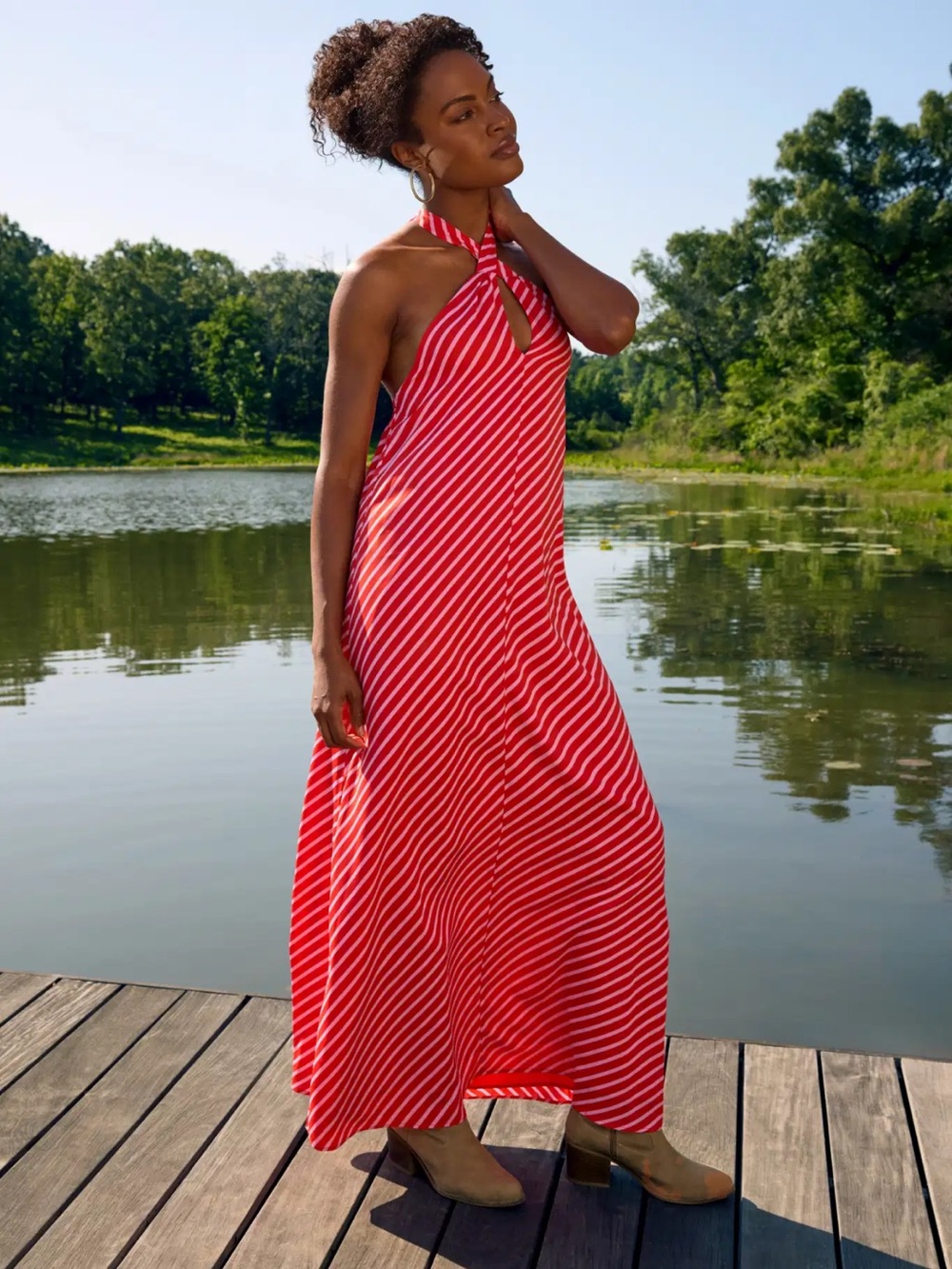 Red Striped Halter Maxi Dress